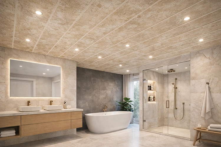 Stylish bathroom featuring textured beige uPVC ceiling design