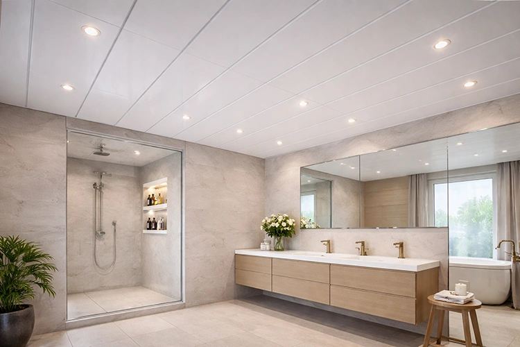 Modern bathroom interior with white uPVC ceiling panels and recessed lights
