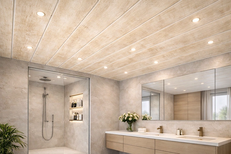 Modern bathroom interior with wood-finish uPVC ceiling panels and recessed lighting