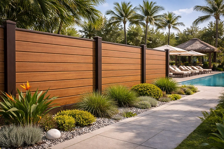 Modern WPC boundary fencing for a resort-style outdoor pool area
