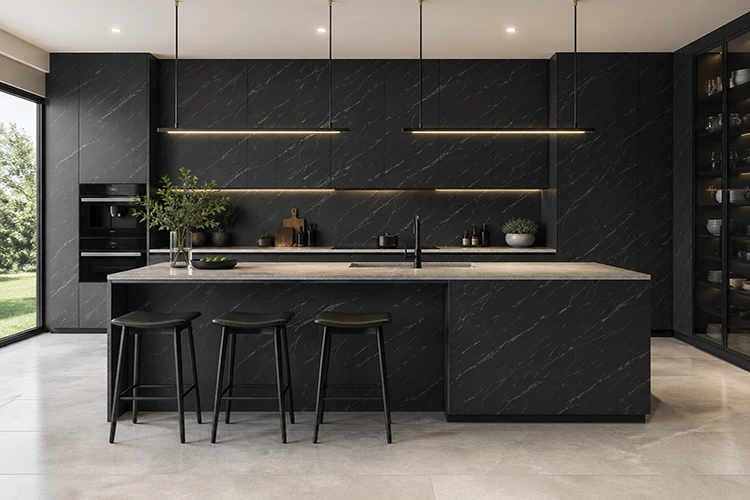 Contemporary kitchen with black PVC wall panels and minimalist island design