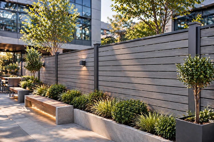 Contemporary commercial courtyard with grey WPC fence and clean landscape design