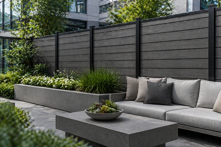Grey WPC fence in a modern commercial courtyard with outdoor seating and landscaped planters