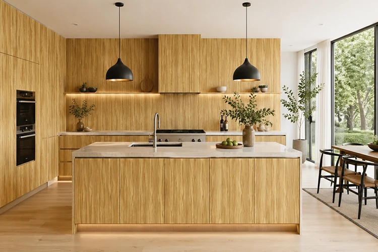Contemporary kitchen with light wood-look PVC wall panels and island counter