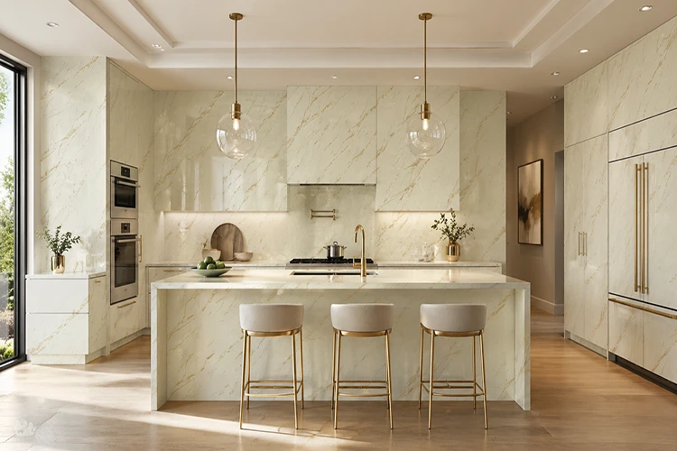 Premium kitchen design with marble-finish PVC wall panels, gold hardware, and soft natural light