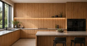 Premium modern kitchen featuring PVC wall panels in a warm wood finish