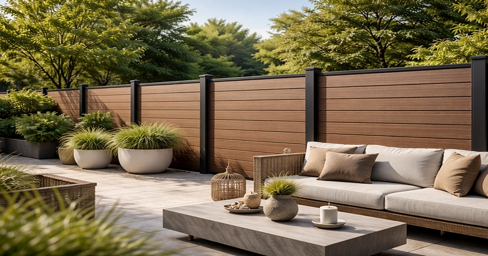 Modern residential outdoor space with wood-finish WPC fence, neutral patio seating, and landscaped planters