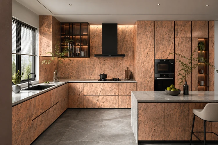 Premium modern kitchen featuring textured PVC kitchen wall panels and integrated lighting