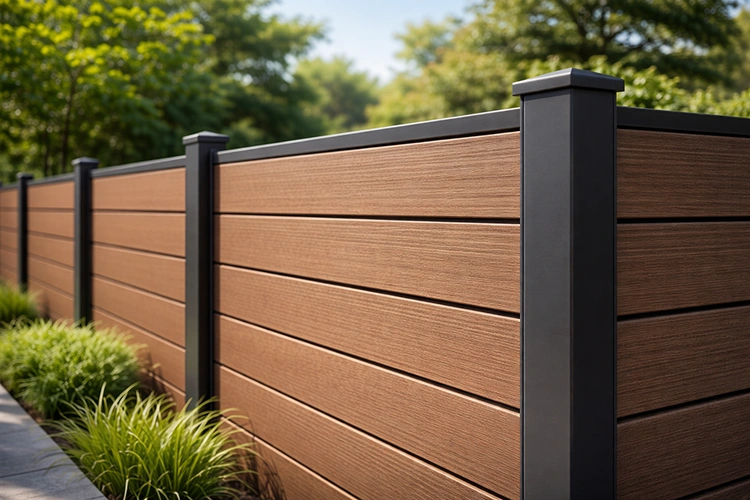 Premium teak wood color WPC fence installed in a modern landscaped outdoor area
