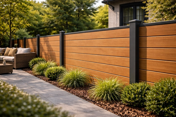 Teak wood color WPC fence installed in a modern residential outdoor space with landscaped plants and patio seating