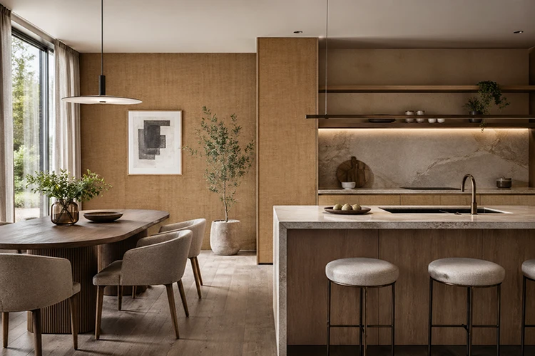 Stylish modern kitchen with textured wall panels, island seating, and dining area integration
