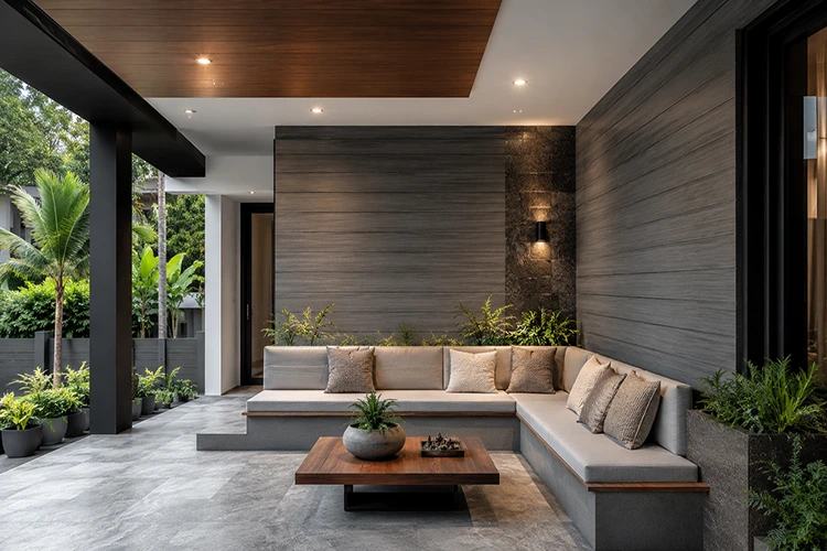 Modern semi-outdoor seating space featuring grey WPC cladding walls and a clean contemporary design.