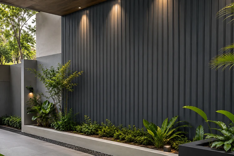 Modern exterior feature wall with grey WPC fluted panels, vertical grooves, landscaped plants, and warm architectural lighting.