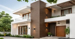 Premium WPC exterior cladding used on a modern Indian residential façade with wood-like wall panels and elegant outdoor lighting.