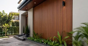 Modern outdoor residential exterior wall in India with premium WPC fluted panels, landscaped plants, and contemporary architectural design.