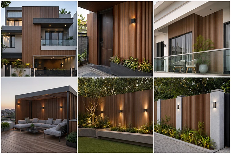 Collage of WPC fluted panel external wall applications including home facade, entrance wall, balcony wall, terrace seating area, feature wall, and boundary wall design.